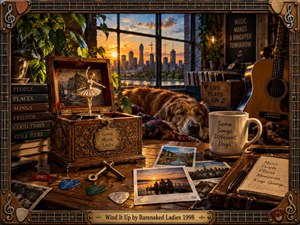 A warmly lit music studio frames an ornate ballerina music box, sleeping dog, acoustic guitar, photographs, books, picks, and handwritten memories against a glowing city sunset. Rich amber wood, brass details, leafy plants, and nostalgic keepsakes create a reflective, comforting mood in a highly detailed cinematic painterly style.