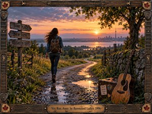 A lone traveler walks a rain-slick country road toward Toronto beneath a glowing orange sunset, suggesting departure, uncertainty, and renewal. Rustic fences, wildflowers, an old guitar, weathered luggage, and directional signs enrich the reflective scene. Detailed painterly realism, warm light, deep shadows, and an ornate musical frame create nostalgic atmosphere.