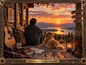 A solitary traveler and golden dog rest on a weathered cabin porch overlooking a glowing mountain lake at sunset. Warm amber light, rugged wood, guitar, backpack, lantern, map, and hopeful signposts create a reflective mood of anticipation and transition. A handcrafted brass musical frame completes the cinematic photographic scene.