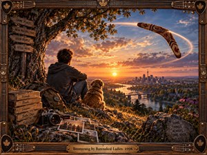 A solitary traveler and loyal dog overlook a glowing river city at sunset as a decorated boomerang arcs through the luminous sky. Warm amber light, rugged rocks, photographs, a camera, weathered signs, and wildflowers create a reflective, nostalgic mood, enclosed by an intricately crafted wooden guitar-string frame.
