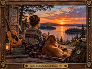 A woman and golden dog rest on a rustic lakeside porch, watching a brilliant orange sunset spread across calm water and forested islands. Warm lantern light, an acoustic guitar, books, wildflowers, and a weathered backpack create a reflective, reassuring mood within a richly textured handcrafted wooden frame.