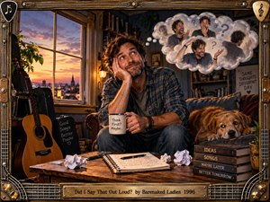 A thoughtful musician sits in a cozy, cluttered studio at sunset, smiling beneath a cloud of awkward imagined reactions. Warm amber light, guitars, notebooks, books, and a resting dog create an intimate, humorous mood. Rich photographic detail and a handcrafted musical frame emphasize spontaneous thoughts, creativity, and self-conscious reflection.