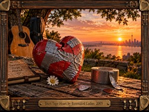 A cracked red heart bound with silver duct tape rests on a weathered wooden table beside a tape roll, daisy, journal, and guitar picks. Warm sunset light washes across a distant city skyline, creating a hopeful, nostalgic mood. A handcrafted guitar-inspired wooden frame and brass title plate complete the cinematic scene.