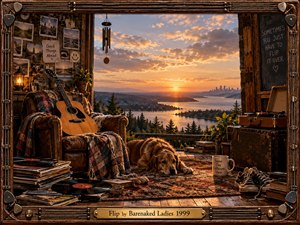 A warmly lit rustic loft overlooks a glowing sunset lake and distant skyline, creating a reflective, playful mood. An acoustic guitar, resting dog, vinyl records, worn furniture, books, plants, and personal photographs fill the richly textured scene. Golden light, weathered wood, and musical framing give the photorealistic artwork nostalgic intimacy.