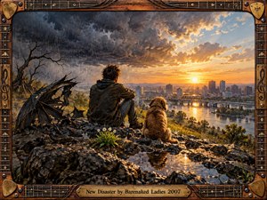 A young man and shaggy dog sit on a rain-darkened rocky overlook above a river city, watching storm clouds break into a brilliant golden sunset. A torn umbrella, bare tree, reflective puddles, and small white flowers suggest hardship and renewal. Rich painterly textures and a guitar-inspired wooden frame complete the scene.
