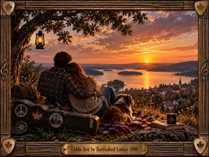 A couple and their dog rest beneath a lantern-lit tree, overlooking a peaceful lakeside town at glowing sunset. Warm amber, copper, and violet tones create an affectionate, hopeful mood, while a weathered guitar case, blanket, book, and mug add intimate detail. An ornate wood-and-brass musical frame completes the cinematic realism.