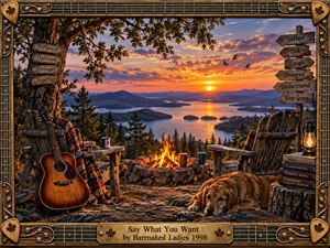 A warm sunset glows across a mountain lake overlook, where rustic chairs, a campfire, acoustic guitar, lantern, books, and resting dog create a reflective, welcoming retreat. Golden orange light contrasts with blue distant peaks, while carved signs and an ornate guitar-inspired wooden frame reinforce themes of conversation, understanding, and connection.