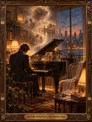 A solitary man plays a grand piano in a warmly lit apartment overlooking a blue twilight skyline. Golden, dreamlike memories of a woman and embracing couples swirl above him, while an empty armchair suggests longing. Rich oil brushwork, amber lamps, rose accents, and an ornate musical frame create tender nostalgia.