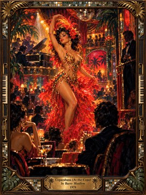 A glamorous showgirl in glittering gold and scarlet feathers commands a crowded tropical nightclub, surrounded by musicians, elegant patrons, and shadowy observers. Warm amber spotlights illuminate swirling movement, crimson drapery, and lush palms. Rich oil painting textures capture nostalgic excitement and hidden tension, enclosed within an ornate brass frame.
