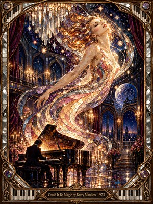 A solitary pianist performs beneath a luminous woman rising through swirling stained glass in a magnificent celestial ballroom. Midnight blues, violet, rose, and amber shimmer across mirrored mosaics, chandeliers, and starry arches. Ornate bronze piano-key framing surrounds this romantic vision, glowing with theatrical warmth, enchantment, and magical longing.