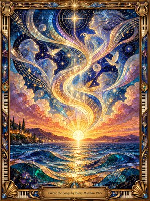 An ornate stained-glass seascape glows beneath a star-filled cobalt sky, where golden musical ribbons spiral upward from a radiant sunset. Ethereal faces and white birds drift among celestial lights. Sapphire waves reflect amber brilliance, while a gilded Art Deco frame with piano keys and engraved title completes the uplifting, dreamlike scene.