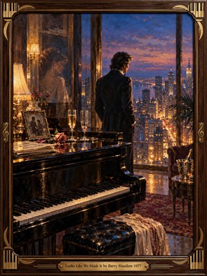 A nostalgic oil painting captures a solitary man overlooking a glittering city skyline at dusk, while a womans reflection evokes lost romance. A grand piano, champagne glasses, faded roses, and warm lamplight enrich the melancholic atmosphere. Deep blues and golden highlights glow within an ornate, piano-inspired wooden frame.