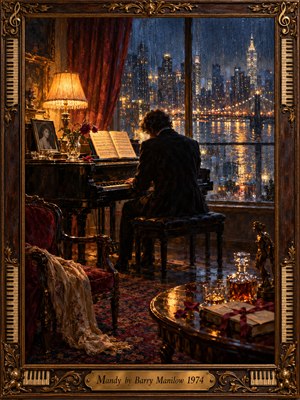 A solitary pianist sits beside a rain-streaked window overlooking a glittering nighttime city. Warm amber lamplight illuminates fading roses, sheet music, and a womans portrait, while an empty velvet chair suggests lost love. Deep blues and burgundy shadows enrich the melancholy oil painting, surrounded by an ornate gilded piano-themed frame.
