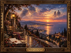 An empty bench overlooks a glowing coastal town at sunset, while translucent lovers drift through rose and violet clouds. Scattered sheet music, autumn leaves, and a winding road suggest memories and reunion. Golden reflections illuminate the richly textured oil painting, enclosed by an ornate walnut frame with piano keys and brass engraving.