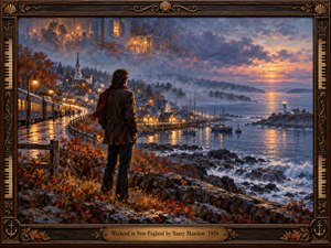A solitary man overlooks a misty New England harbor at sunset, where amber village lights shimmer across blue water. A winding road, waiting train, rocky shoreline, and distant lighthouse evoke longing, while a romantic memory glows above. Rich oil brushwork and an ornate bronze-trimmed wooden frame deepen the nostalgia.