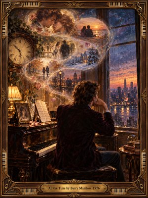 A solitary man sits at a piano beside a rain-streaked window overlooking a violet city sunset. Glowing memories of romance and changing seasons spiral above him in translucent ribbons. Warm amber lamplight illuminates roses, sheet music, and an antique clock. Richly textured oil brushwork and an ornate musical frame deepen the wistful mood.