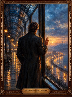 A solitary man in a dark coat touches a rain-streaked station window, gazing toward an amber sunset. Golden lamps shimmer across wet stone beneath soaring iron arches, while blue-gray mist veils a winding waterfront. Expressive oil brushwork and an ornate bronze piano-key frame with an engraved title plate evoke wistful longing.