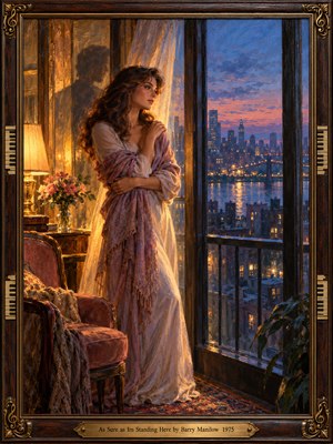 A thoughtful woman in a flowing mauve gown stands beside a tall window overlooking a luminous city at dusk. Golden lamplight warms roses, velvet furnishings, and sheer curtains against a blue and violet skyline. Expressive oil brushwork, delicate reflections, and an ornate piano-inspired wooden frame evoke tenderness and devotion.