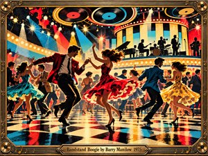 Inside a dazzling retro ballroom, exuberant couples swing across a glossy checkerboard floor beneath spotlights and suspended vinyl records. A silhouetted band performs on a glowing stage, while scarlet, turquoise, and gold explode through textured screenprint patterns. Ornate brass musical framing and an engraved title plate complete the jubilant scene.