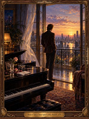 A solitary man stands at open balcony doors, watching sunrise illuminate a rain-soaked city. A polished grand piano, pink roses, and drifting curtains fill the intimate room. Layered oil brushstrokes blend midnight blues with warm amber and lavender, suggesting bittersweet hope. Ornate wooden framing surrounds an engraved brass title plate.