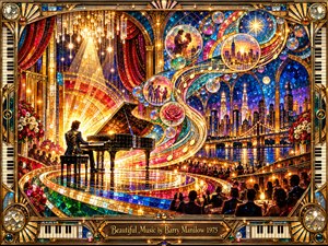 A pianist performs beneath glittering chandeliers in a lavish stained-glass theater overlooking a sparkling nighttime skyline. Golden musical ribbons spiral across jewel-toned mosaics, enclosing luminous scenes of romance, roses, and cherished memories. Ruby curtains, sapphire arches, and an applauding audience heighten the joyful grandeur, framed by ornate bronze piano-key detailing.