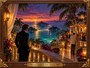 A solitary man in a dark suit overlooks a tropical bay at sunset, while elegantly dressed couples gather on a glowing terrace. Turquoise water, triangular islands, palm trees, flowers, and lanterns shimmer beneath a violet and orange sky. Rich oil painting textures and an ornate gold frame evoke romantic intrigue.