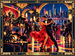 A jubilant couple sweeps across a gleaming jazz club floor, her scarlet dress swirling beneath golden chandeliers. A lively brass band performs beside a grand piano while guests dance against a sparkling midnight skyline. Deep blues, crimson, and amber illuminate textured Art Deco printwork, enclosed by an ornate musical frame.