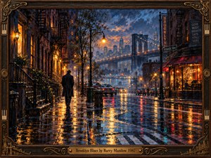 A solitary man walks through rain-soaked Brooklyn streets beneath glowing amber lamps, with brownstone facades and a misty bridge framing the skyline. Deep blues mingle with gold reflections across the pavement, while a warmly lit jazz club suggests distant music. Rich oil brushwork and an ornate musical frame evoke wistful nostalgia.