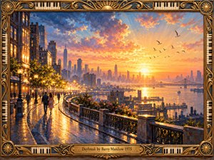A radiant sunrise spills gold across a riverfront city, illuminating a sweeping rain-slick promenade where couples stroll toward the horizon. Peach and lavender clouds brighten above distant towers, a bridge, and soaring birds. Rich oil-painted textures evoke joyful renewal, enclosed by an ornate gilded piano-key frame and engraved brass title plate.