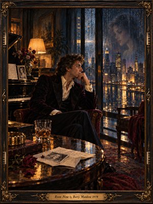 A solitary man in a burgundy jacket sits beside a piano, gazing through rain-streaked windows at a glowing city. Amber lamplight warms the shadowy room while a womans faint reflection haunts the blue night. Roses, photographs, and letters deepen the nostalgic mood, enclosed by an ornate gold-accented musical frame.
