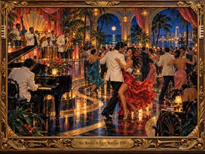 A glamorous couple dances across a moonlit tropical ballroom, her scarlet dress swirling over a gleaming floor. Brass musicians and a pianist energize the candlelit crowd beneath palm-framed arches. Rich cobalt, coral, and gold illuminate expressive oil brushwork, while an ornate gilded musical frame completes the festive scene.