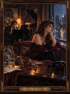 A wistful woman in burgundy velvet gazes through rain-streaked glass toward a glowing city, while a lonely man watches from a grand piano. Wilted roses, a silent telephone, and a photograph suggest unrequited love. Warm amber lamplight contrasts with cool blue shadows in this richly textured oil painting, framed in ornate wood and brass.