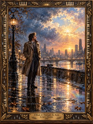 A solitary man in a weathered coat stands on a rain-slick city promenade, gazing toward sunlight breaking through storm clouds. Golden reflections shimmer across puddles and a distant river beneath a blue-gray skyline. Expressive oil brushwork evokes quiet resilience, framed by ornate wood, piano keys, brass, and laurel details.
