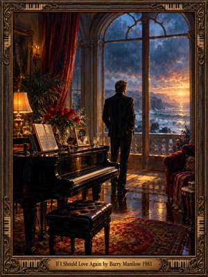 A solitary man in a dark suit gazes toward a glowing sunset beyond towering arched windows and a stormy sea. A grand piano, crimson roses, velvet curtains, and golden lamplight enrich the elegant room. Expressive oil brushwork blends melancholy and romance, surrounded by an ornate bronze frame with piano motifs.