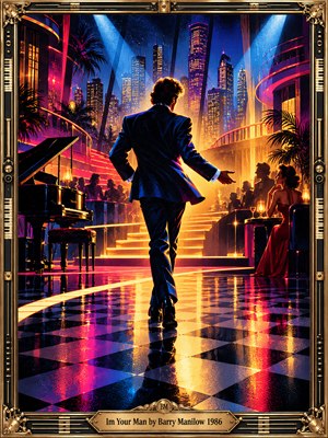 A sharply dressed man strides across a reflective checkerboard floor in a glamorous 1980s nightclub, reaching toward a woman in red. Golden stairs and a glittering city skyline glow beneath blue spotlights and magenta neon. The richly detailed, poster-like illustration radiates confidence and romance, enclosed in an ornate black-and-gold musical frame.