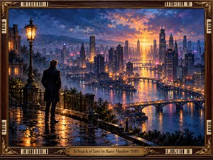 A solitary man in a dark coat stands on a rain-slick terrace overlooking a sprawling river city at twilight. Golden lamplight and sunset shimmer across bridges and rooftops beneath violet-blue clouds. Rich oil brushstrokes evoke yearning and hope, while an ornate piano-key and brass frame completes the romantic scene.