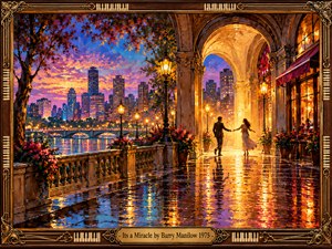 A couple reaches toward each other beneath glowing stone arches on a rain-slick riverside promenade. Golden lamplight shimmers across the pavement, while a violet and coral sunset silhouettes the city skyline and distant bridge. Lush flowers, expressive oil brushwork, and an ornate piano-key frame create exuberant, romantic nostalgia.