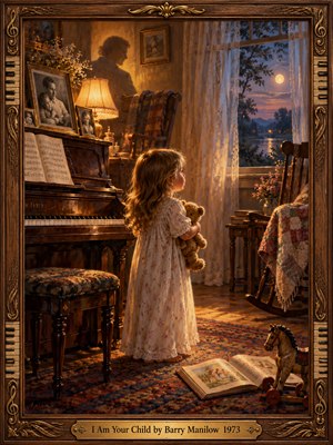 A young girl in a floral nightgown clutches her teddy bear beside an antique piano, gazing toward a moonlit window. Amber lamplight warms a nostalgic room filled with family photographs, quilts, and toys. A shadowy parental figure suggests protection, while rich oil painting textures and an ornate musical frame evoke tenderness.