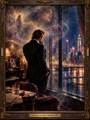 A solitary man in a dark suit watches rain blur a luminous city skyline. Above him, a womans spectral face floats through swirling memories. Warm amber lamplight meets midnight blues around a piano, roses, sheet music, and a crystal glass. Rich oil brushwork and an ornate gilded musical frame heighten the atmosphere of aching nostalgia.