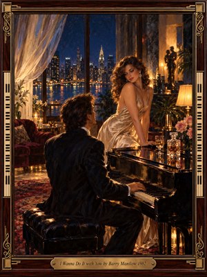 A dark-suited pianist turns toward an elegant woman in a champagne satin gown inside a luxurious penthouse. Beyond billowing curtains, a midnight-blue skyline glitters across the water. Warm lamplight illuminates roses, crystal glasses, and polished piano keys. Rich oil-painted textures and an ornate mahogany-and-brass musical frame heighten the intimate romance.