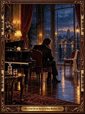 A solitary man in a dark suit sits beside a grand piano, facing rain-streaked windows and a glowing twilight city. Candlelight warms crimson curtains, a white rose, and polished floors, while an empty draped chair suggests lost love. Rich oil brushwork and an ornate gilded piano-key frame deepen the melancholy.