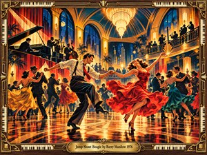 A jubilant swing dance fills a grand Art Deco ballroom, where a couple leaps across a gleaming floor beneath golden chandeliers. Musicians and swirling dancers animate the scene against midnight blue windows. Rich crimson, amber, and teal glow through textured vintage lithography, enclosed by an ornate piano-key frame and brass title plate.