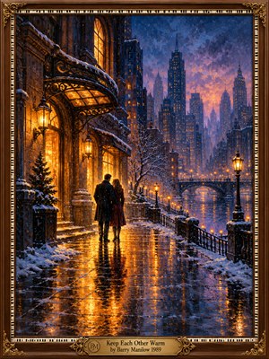 A couple walks closely along a snowy riverside promenade, illuminated by golden streetlamps and glowing windows. A distant bridge and violet-blue city skyline emerge through winter twilight. Expressive oil brushstrokes capture shimmering reflections and falling snow, while an ornate wooden frame with piano keys and an engraved brass title plate completes the romantic scene.