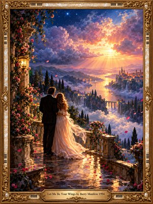 A couple embraces on a rose-covered terrace overlooking a dreamlike kingdom of waterfalls, bridges, and distant towers. Golden sunbeams pierce violet clouds above a shimmering river, illuminating her flowing gown. Drifting petals, glowing lanterns, and an ornate gilded frame with piano-key details enrich this romantic, richly textured oil painting.