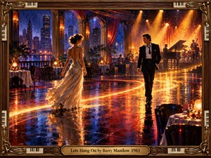 An elegant couple approaches across a gleaming ballroom floor, their reflections shimmering beneath golden spotlights. Beyond arched windows, a blue nighttime skyline contrasts with warm amber stage lights and a lively jazz band. Rich oil-painted textures, candlelit tables, sweeping reflections, and an ornate piano-themed frame evoke romantic anticipation and enduring devotion.