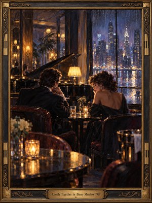 In a warmly lit piano lounge, a contemplative man and woman share a quiet table, surrounded by candlelight and polished reflections. Beyond rain-streaked windows, blue and violet city lights shimmer. Rich oil brushwork, glowing amber lamps, a grand piano, and an ornate musical frame evoke romantic melancholy and fragile companionship.