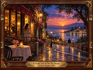 A wistful oil painting captures a woman overlooking a winding coastal street as a solitary man approaches a glowing harbor. Amber cafe lights illuminate flowers and rain-slicked cobblestones beneath a pink and violet sunset. Distant sailboats, shimmering reflections, and an ornate wood-and-brass musical frame evoke romantic longing and nostalgia.