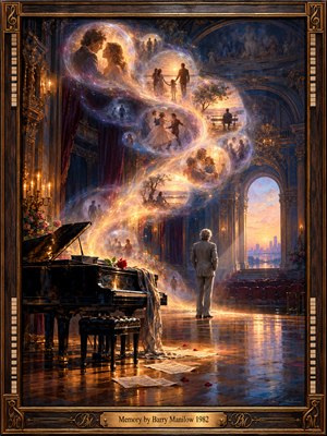 Inside a grand, shadowed theater, a solitary man stands beside a black piano as luminous memories spiral overhead. Glowing scenes of love and companionship float through an elegant S-shaped composition. Golden amber and deep violet light illuminate polished floors, while an ornate wood-and-brass frame completes the nostalgic oil painting.
