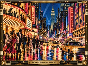 A bustling 1970s Manhattan avenue glows with Broadway marquees, neon signs, and yellow taxis reflecting across rain-soaked pavement. Elegant pedestrians animate the vibrant streets beneath towering skyscrapers. Rich crimson, gold, and electric blue dominate this energetic, textured screenprint, surrounded by an ornate brass frame with piano motifs and engraved title plate.