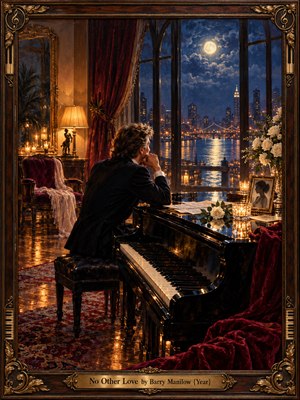 An elegant man sits pensively at a grand piano overlooking a moonlit city and shimmering river. White roses, a framed portrait, and burgundy velvet suggest enduring longing. Warm candlelight meets deep blue moonlight across glossy surfaces, while expressive oil brushwork and an ornate bronze-accented wooden frame heighten the romantic atmosphere.
